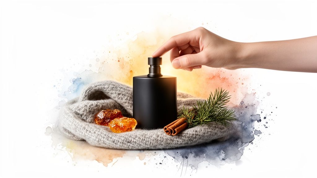 Hand drukt op een zwarte parfumfles op een warme sjaal, omringd door amber, kaneel en dennennaalden.