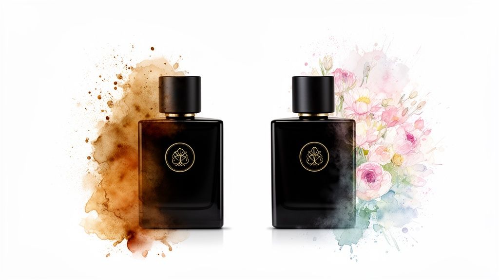 Twee zwarte parfumflessen met gouden logo, omringd door aquarelspatten: aarde links en bloemen rechts op een witte achtergrond.
