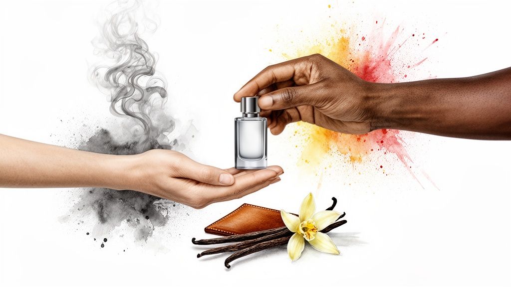 Twee handen wisselen een parfumflesje uit, omringd door rook, kleurrijke explosies en vanillepeulen.