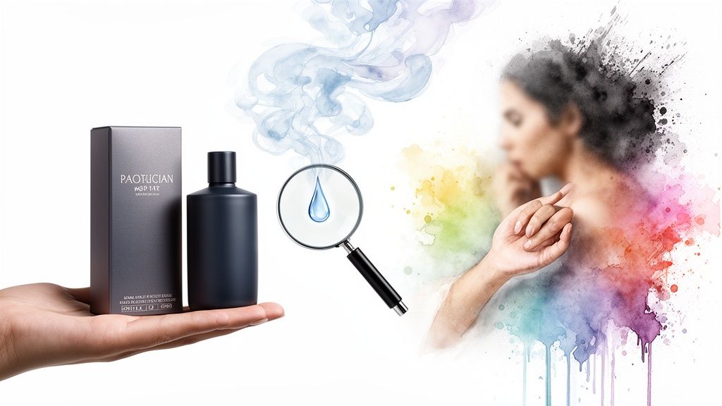 Een hand houdt een donkergrijze fles en doos van 'PAOTUCIAN' vast, naast een vergrootglas met een waterdruppel en abstracte mensfiguur met kleurrijke spetters.
