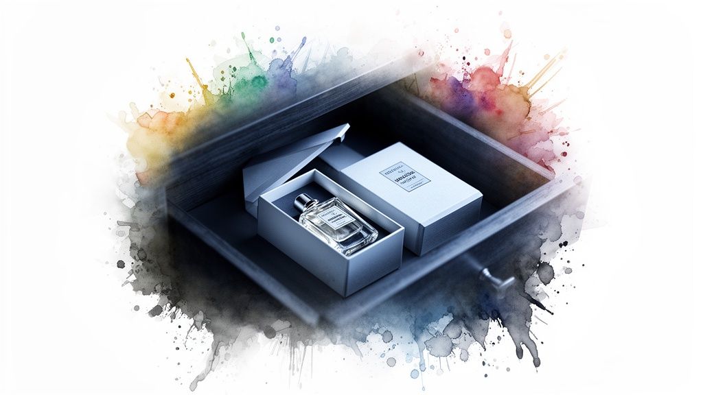 Glazen parfumflesje in open doos naast gesloten doos, in donkere lade met aquarelspatten.