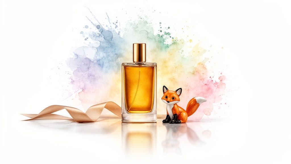 Een elegante parfumfles, een schattige vossenbeeldje en een satijnen lint op een achtergrond van kleurrijke aquarelspatten.