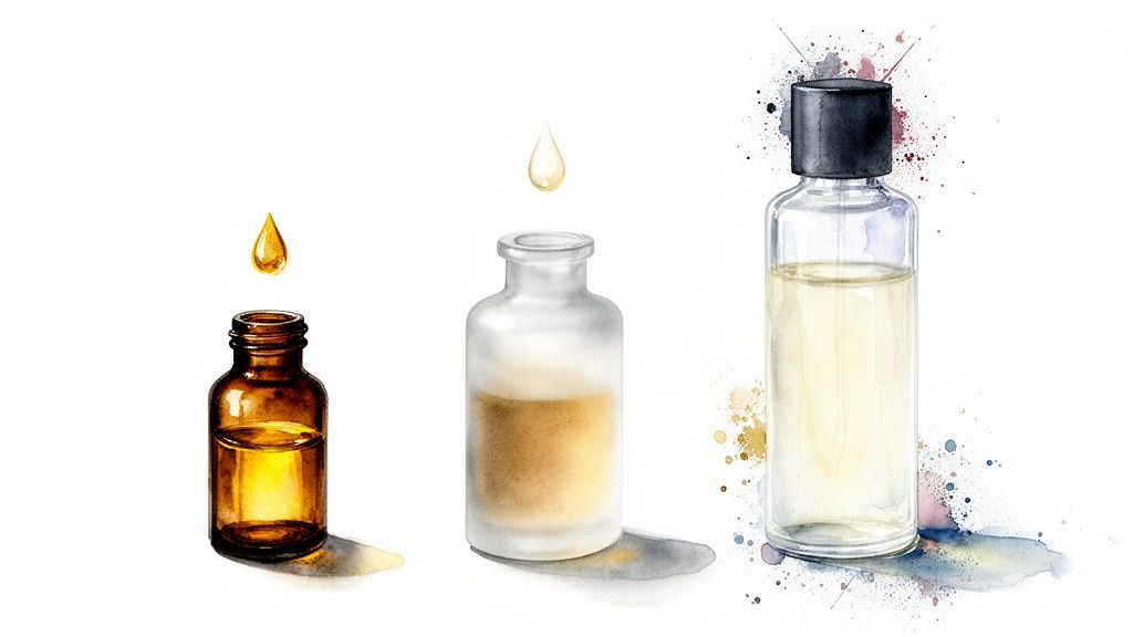 Drie aquarel flessen met essentiële oliën of parfum en vallende druppels.