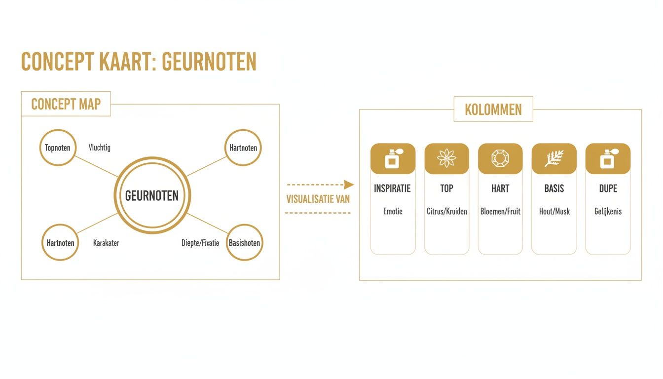 Conceptkaart van geurnoten met hun eigenschappen en een visuele weergave in kolommen.