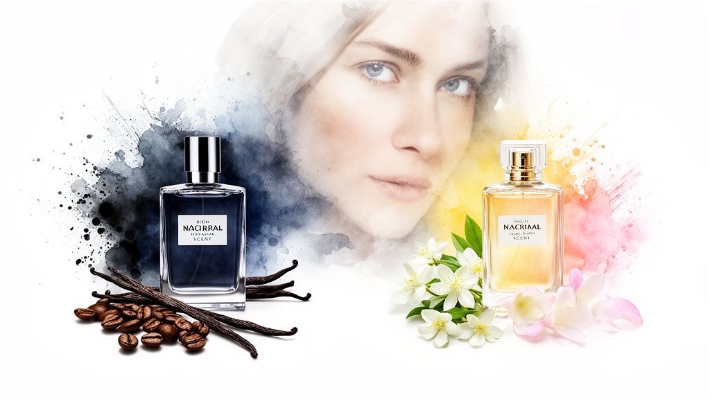 Twee parfums, een donkere met koffie en vanille, een lichte met bloemen, met gezicht vrouw op achtergrond.