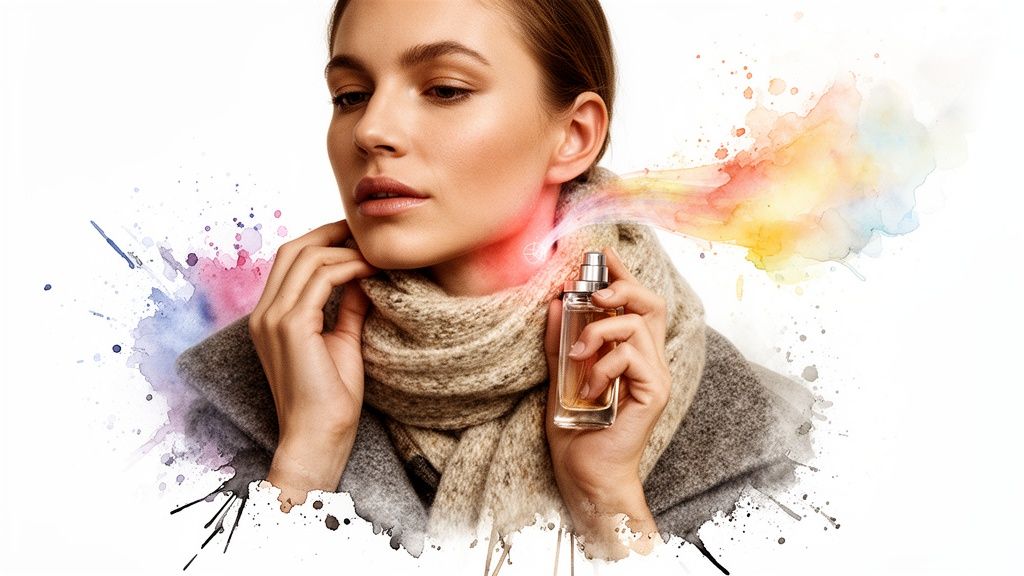 Vrouw spuit parfum op haar hals met kleurrijke spetters, draagt een warme sjaal en winterjas.