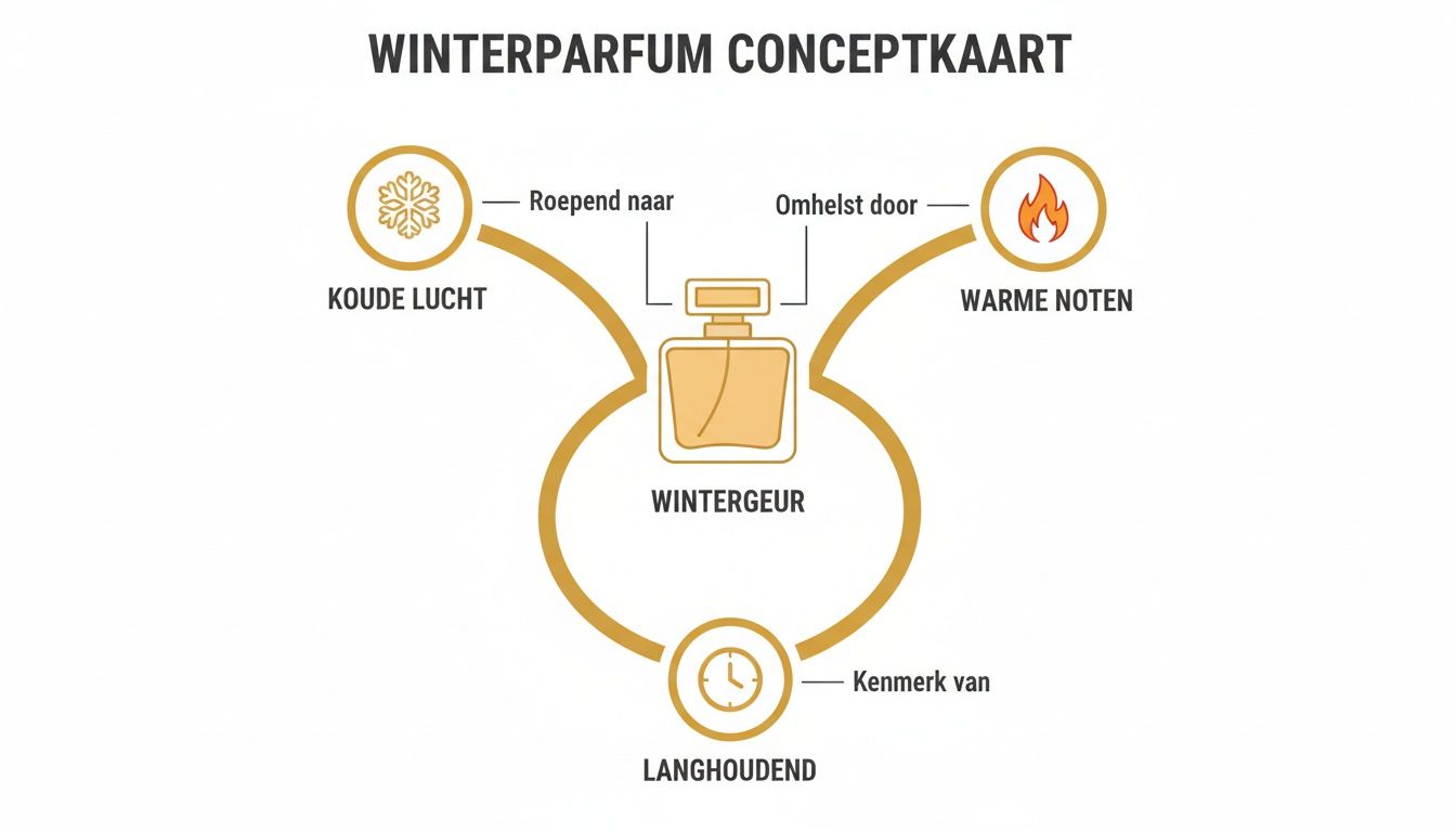 Conceptkaart voor winterparfum, toont wintergeur kenmerken zoals koude lucht, warme noten en langhoudendheid.