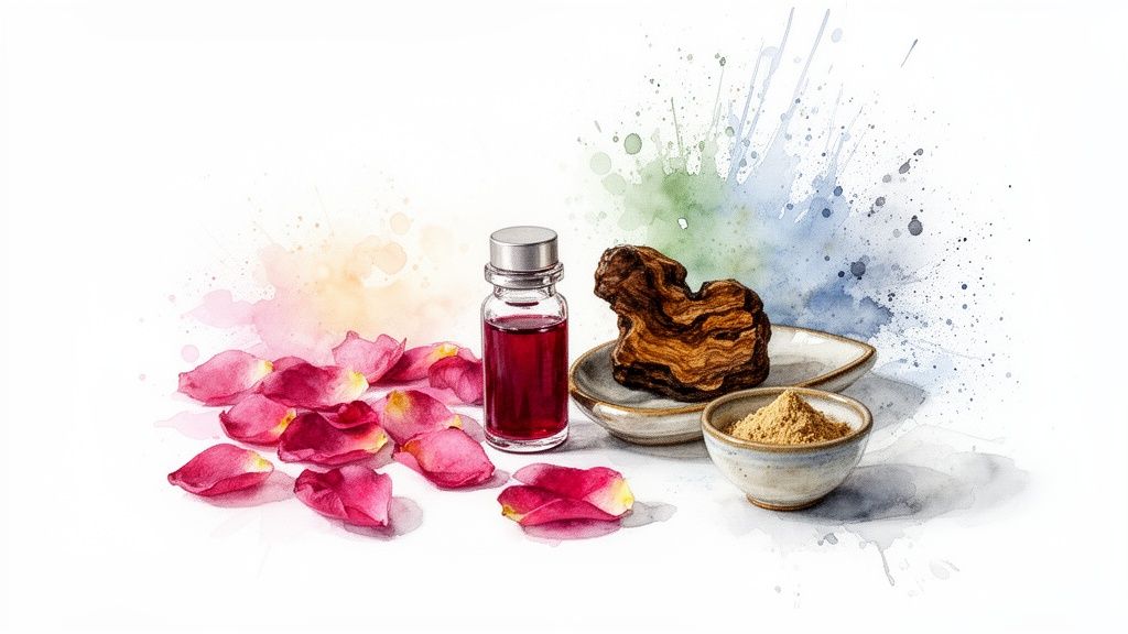 Schilderij van rozenblaadjes, een flesje rode olie, oudh hout en poeder, ingrediënten voor parfum.