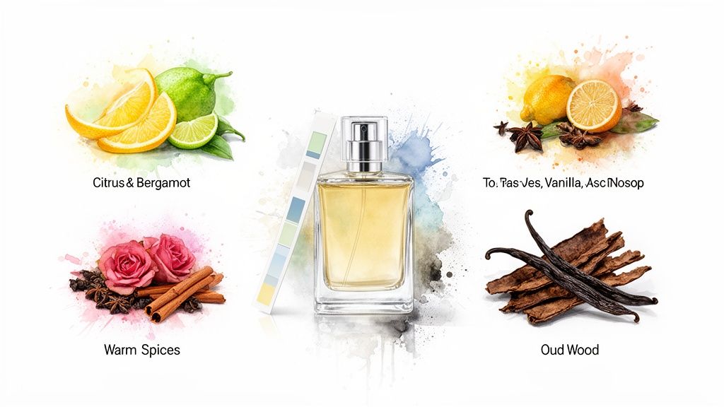 Een parfumfles omringd door geurnoten zoals citrus, rozen, oud hout en warme kruiden, met een kleurpalet.