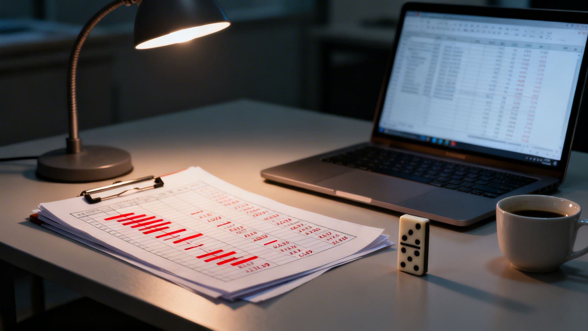 A dimly lit desk with a lamp, laptop, financial audit documents, coffee, and a domino.