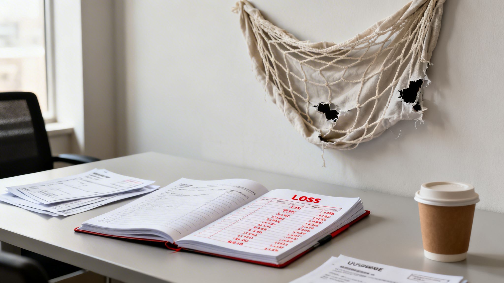 A desk with an open notebook prominently displaying 'LOSS' in red, alongside papers, a coffee cup, and a torn net on the wall.
