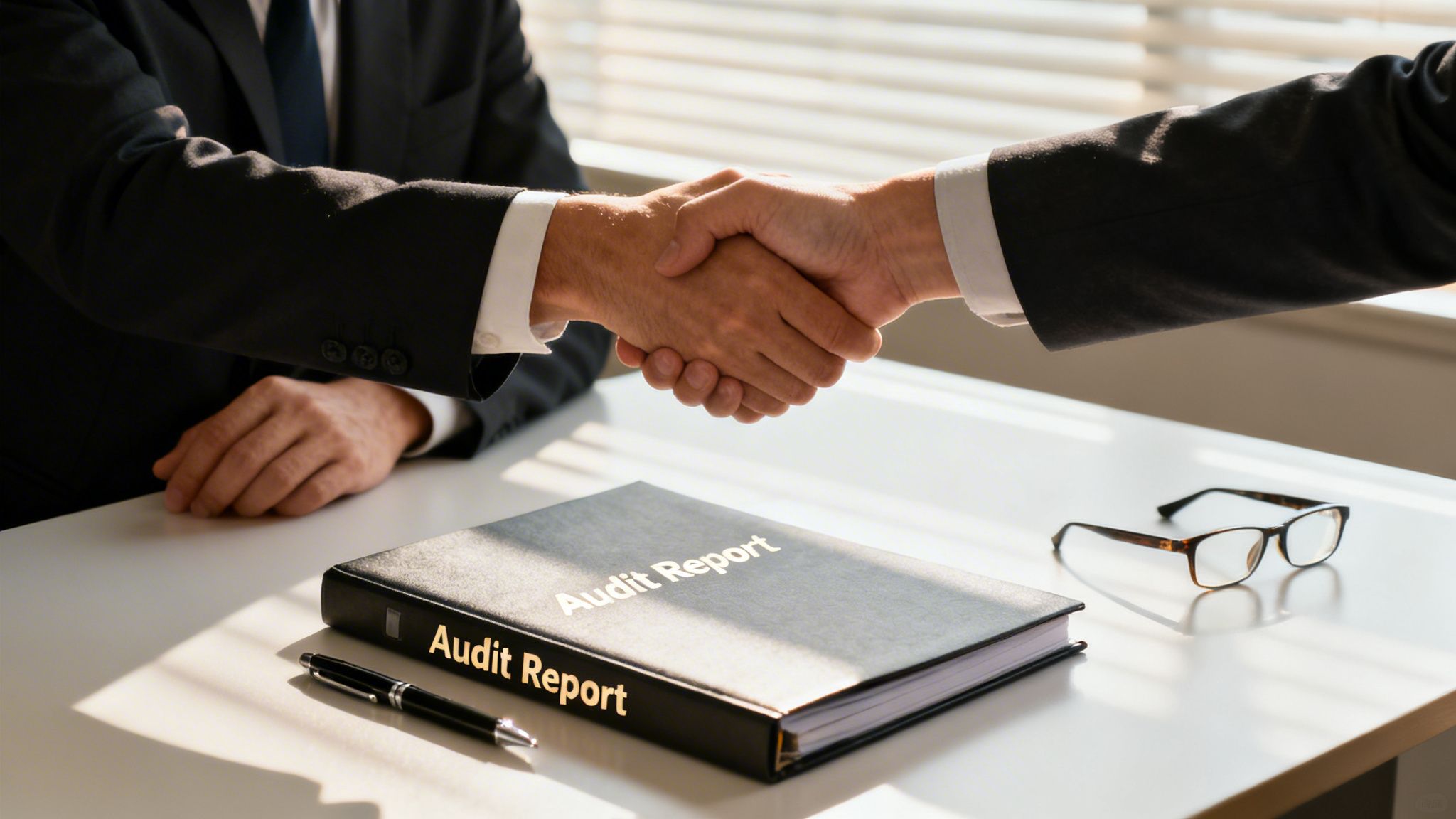 Two businessmen shaking hands over a table with an 'Audit Report' binder, pen, and glasses.