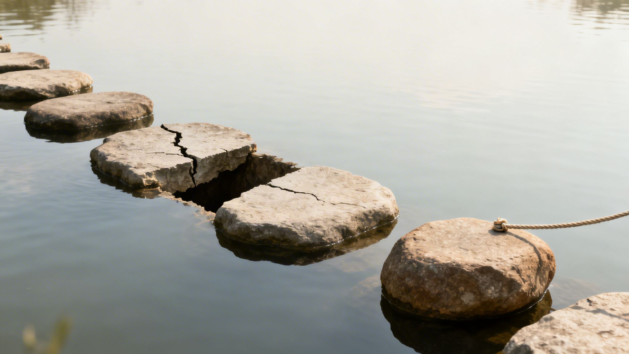 A path of stepping stones in calm water, with one stone broken, creating a gap.