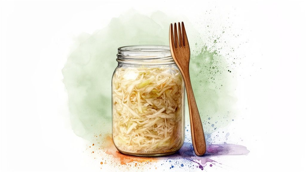 A glass jar of sauerkraut with a wooden fork leaning against it, set against a watercolor background.