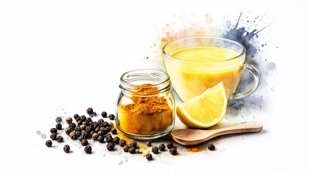 A warm golden turmeric milk drink with lemon, black pepper, and turmeric powder in a jar.