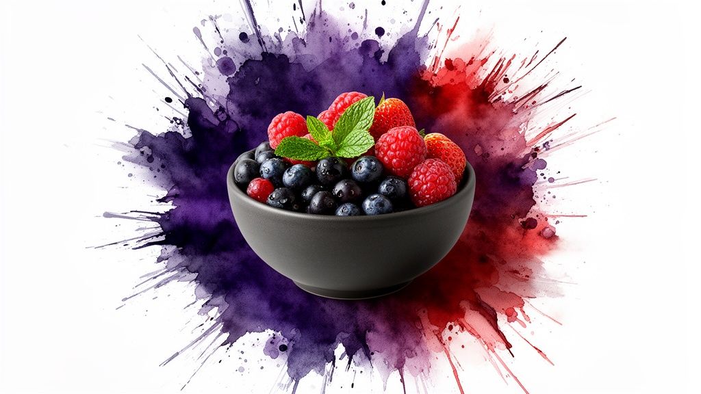 A black bowl overflowing with fresh blueberries, raspberries, strawberries, and a mint leaf, against a vibrant watercolor splash background.