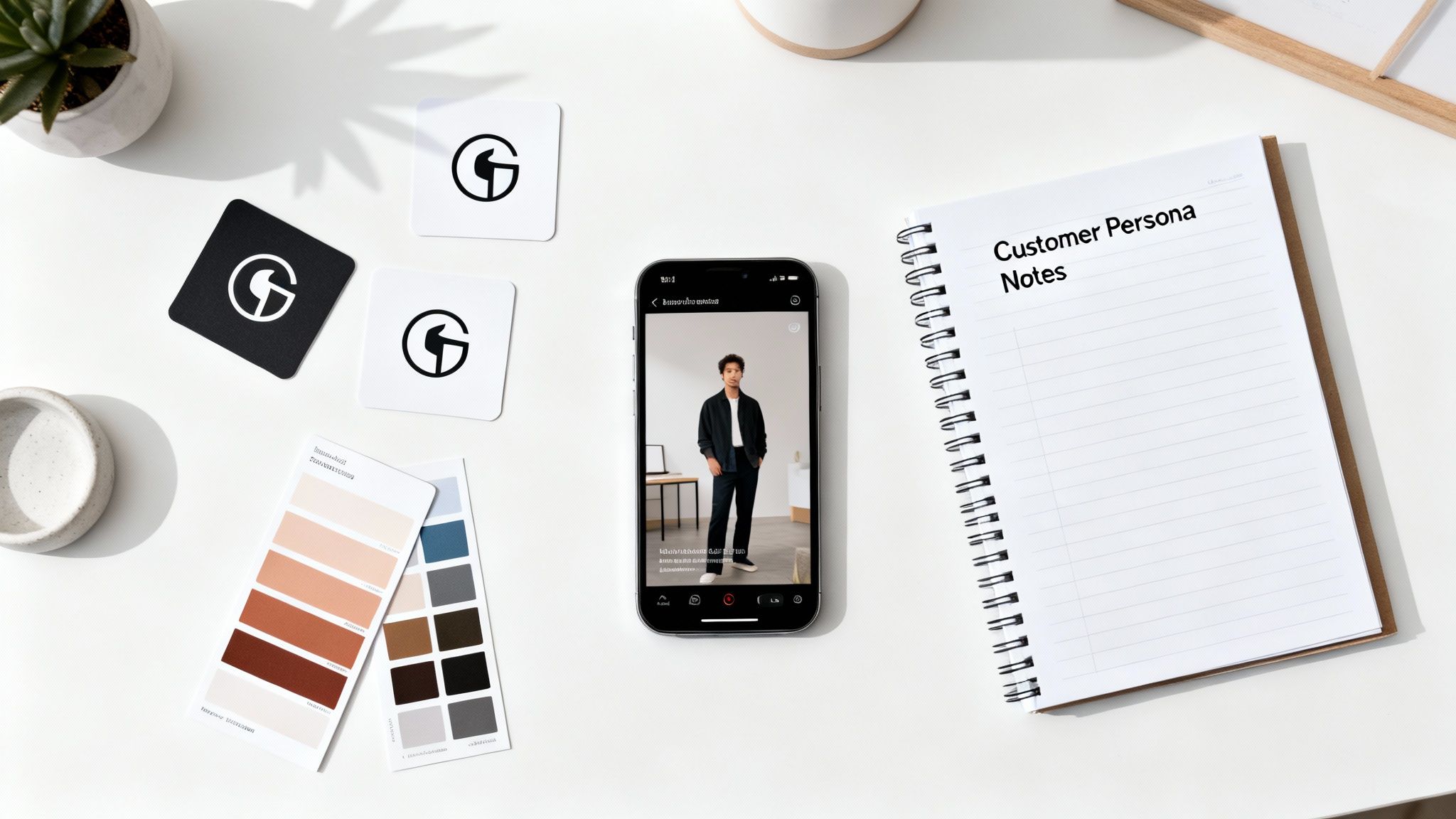 A flat lay of a modern workspace with a smartphone showing a fashion app, customer persona notes, and design branding elements.