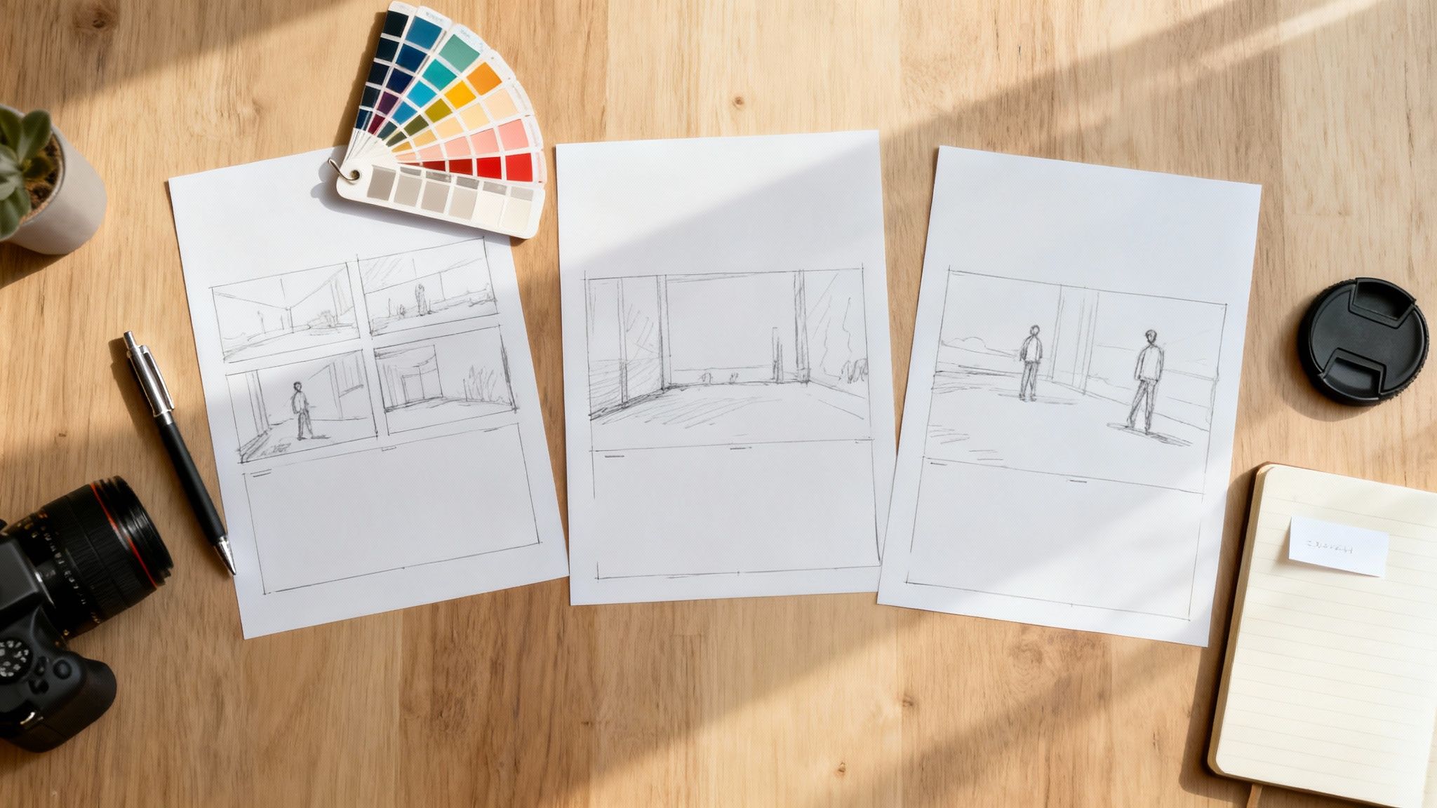 Overhead shot of a filmmaker's desk with storyboards, a camera, color palette, and notebook.