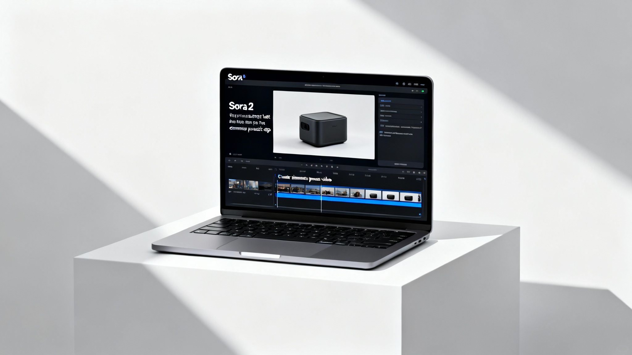 A laptop displaying Sora 2 video editor interface with a black product video on screen.
