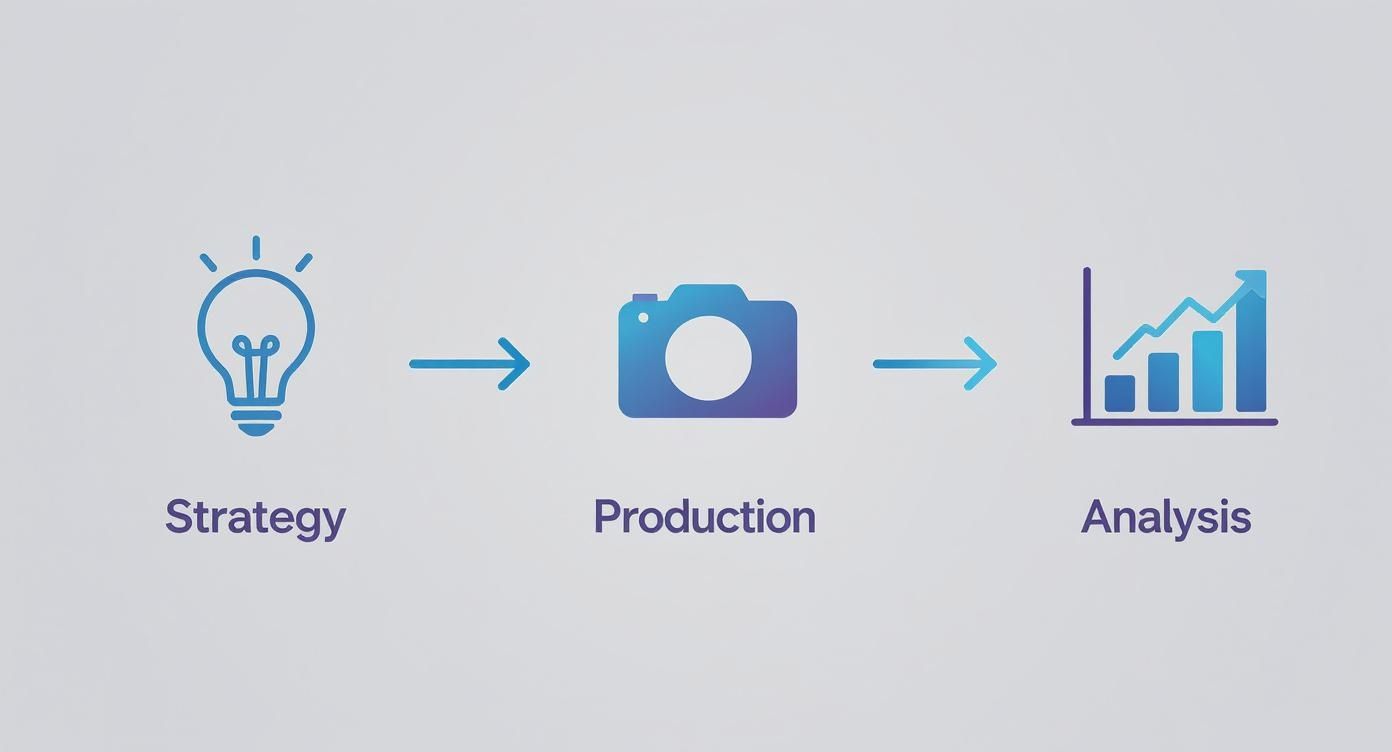 Three-step workflow diagram showing strategy with lightbulb, production with camera, and analysis with growth chart