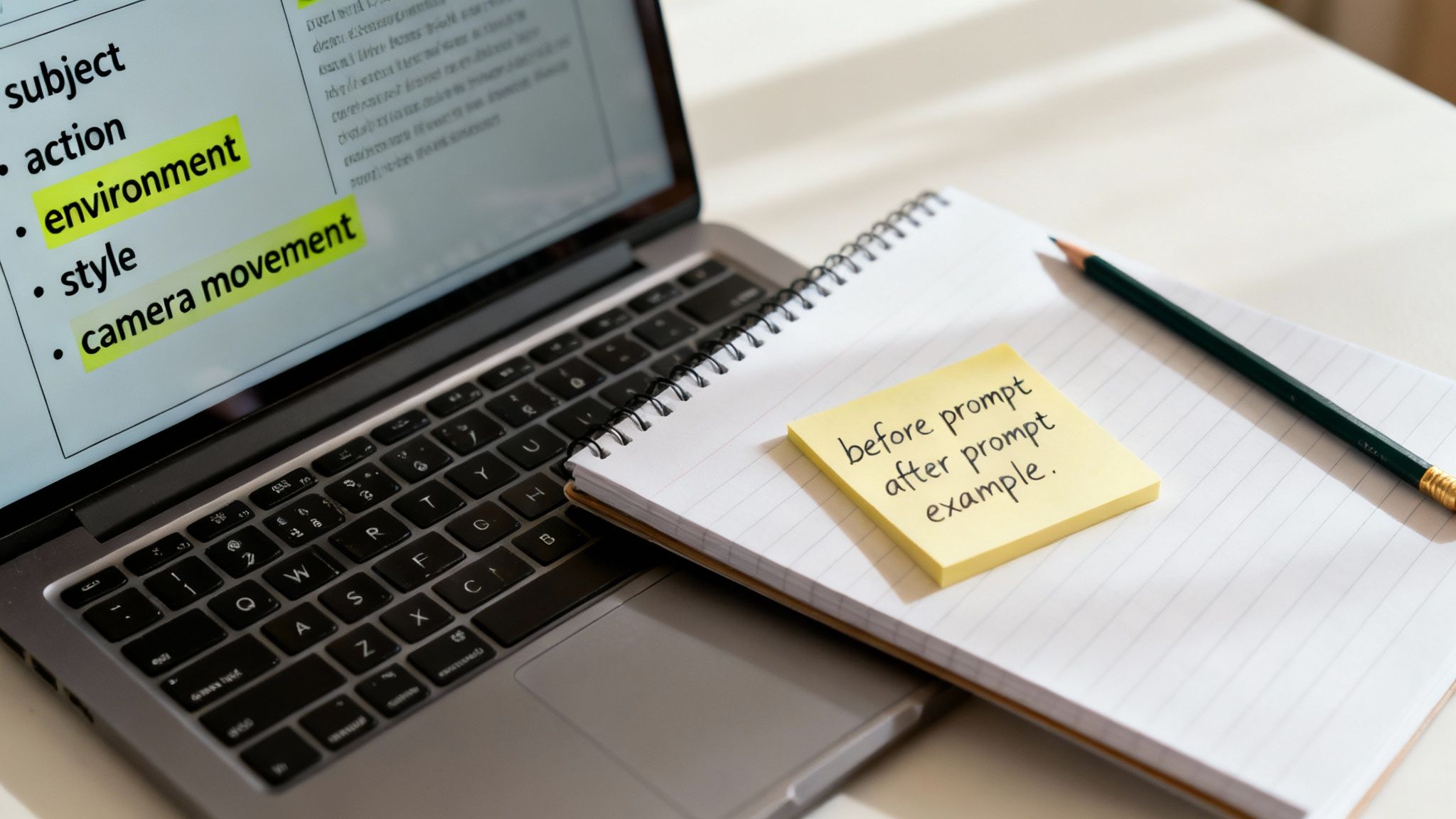Laptop screen showing video production notes beside spiral notebook with yellow sticky note and pencil