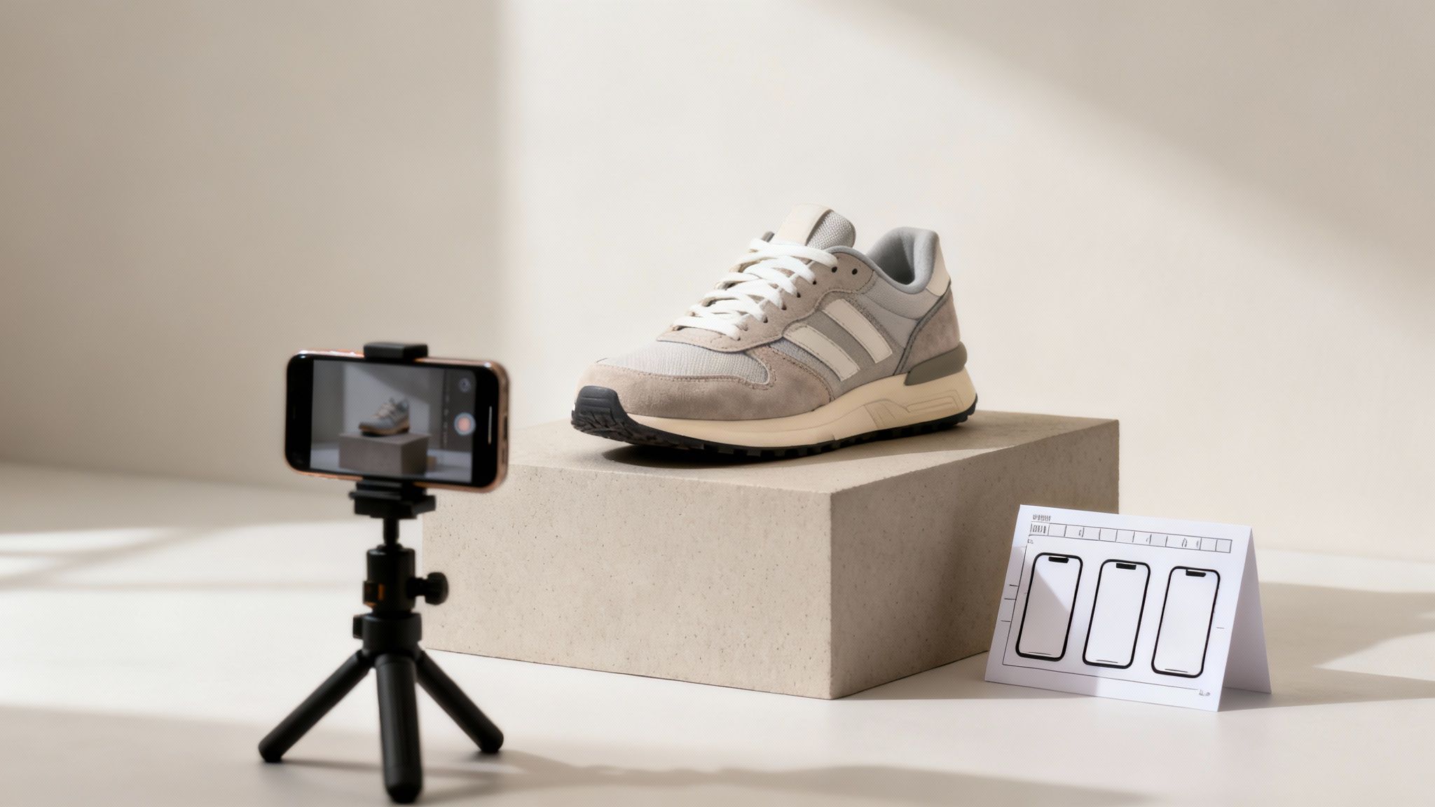 A beige and grey sneaker on a concrete block, filmed by a smartphone on a tripod.