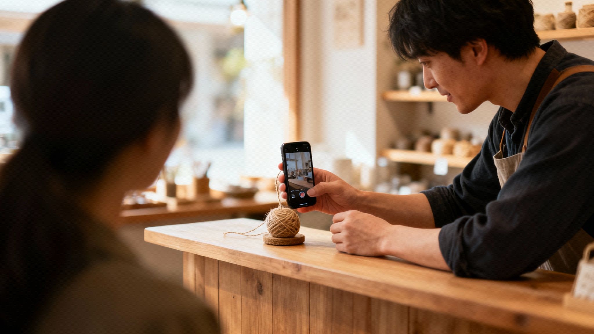 Small business owner recording video content with smartphone on wooden counter in artisan shop
