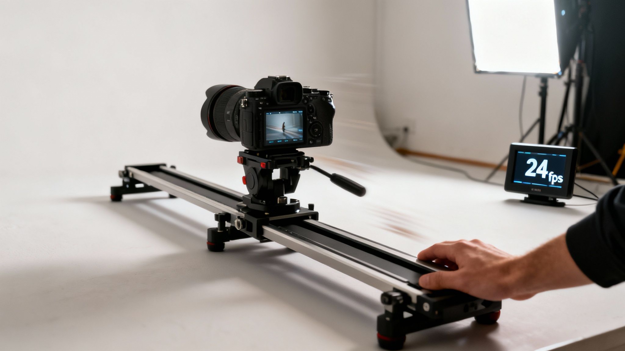 A camera on a video slider captures footage, with a monitor displaying 24fps in a studio setting.