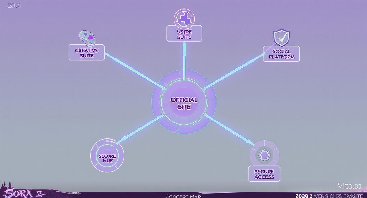 Sora 2 website concept map showing connections between Official Site, Creative Suite, Social Platform, and secure access features.