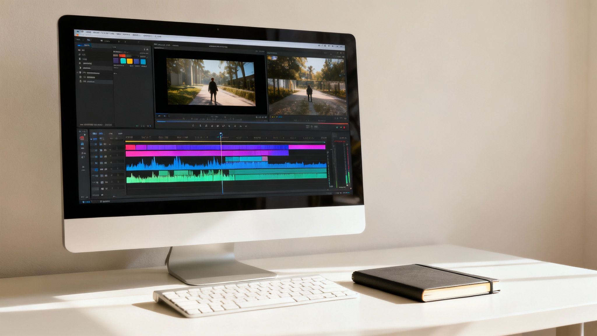 A person editing a video on a large computer screen, showing a timeline with clips, audio waveforms, and color grading tools.
