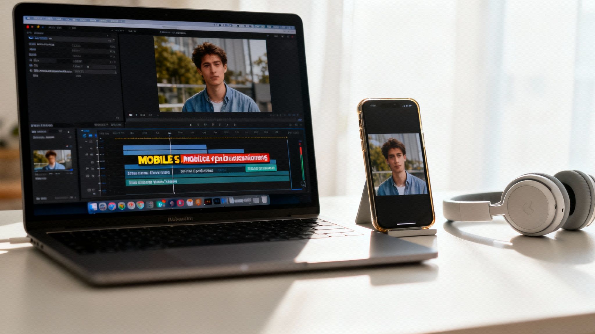 A laptop showing video editing software with a young man's video, a smartphone, and headphones on a desk.