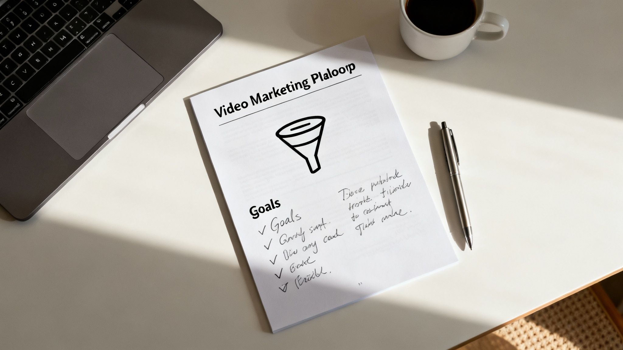 Video marketing plan document with funnel diagram showing goals and strategy checklist on desk