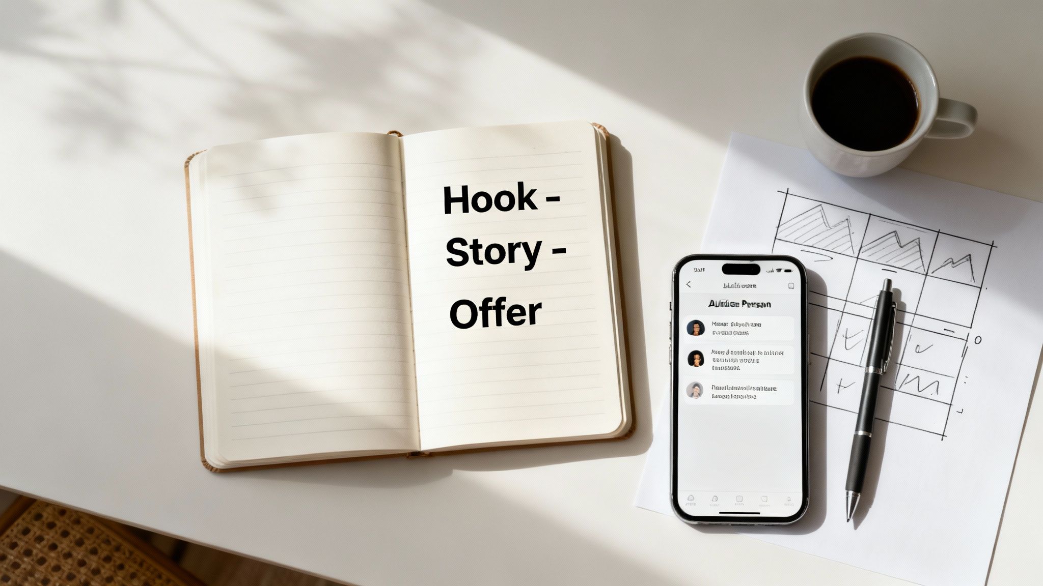 Marketing strategy notebook displaying Hook Story Offer framework with smartphone showing audience personas and coffee