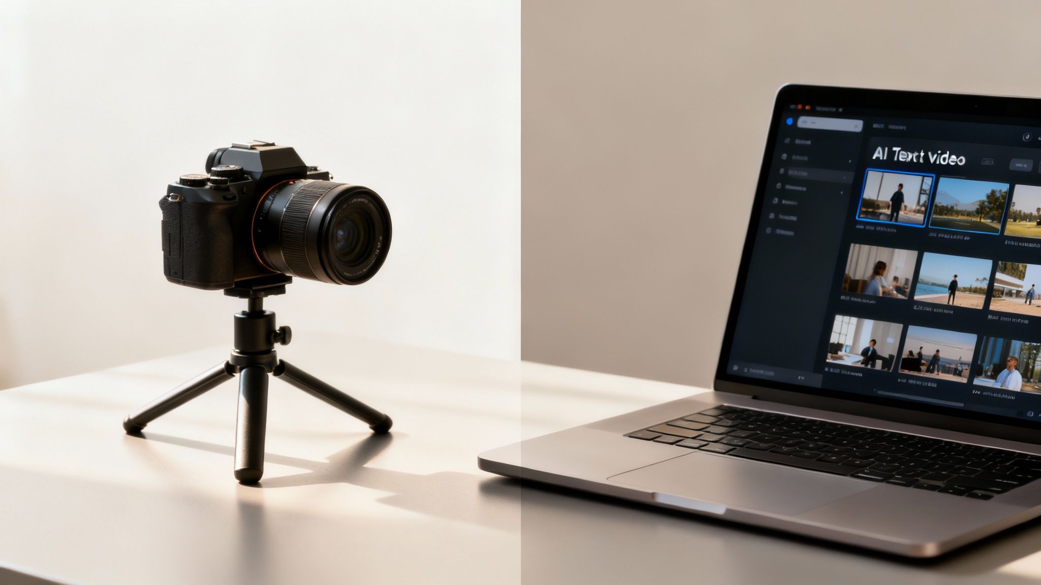 A digital camera on a tripod next to a laptop displaying AI video creation software.