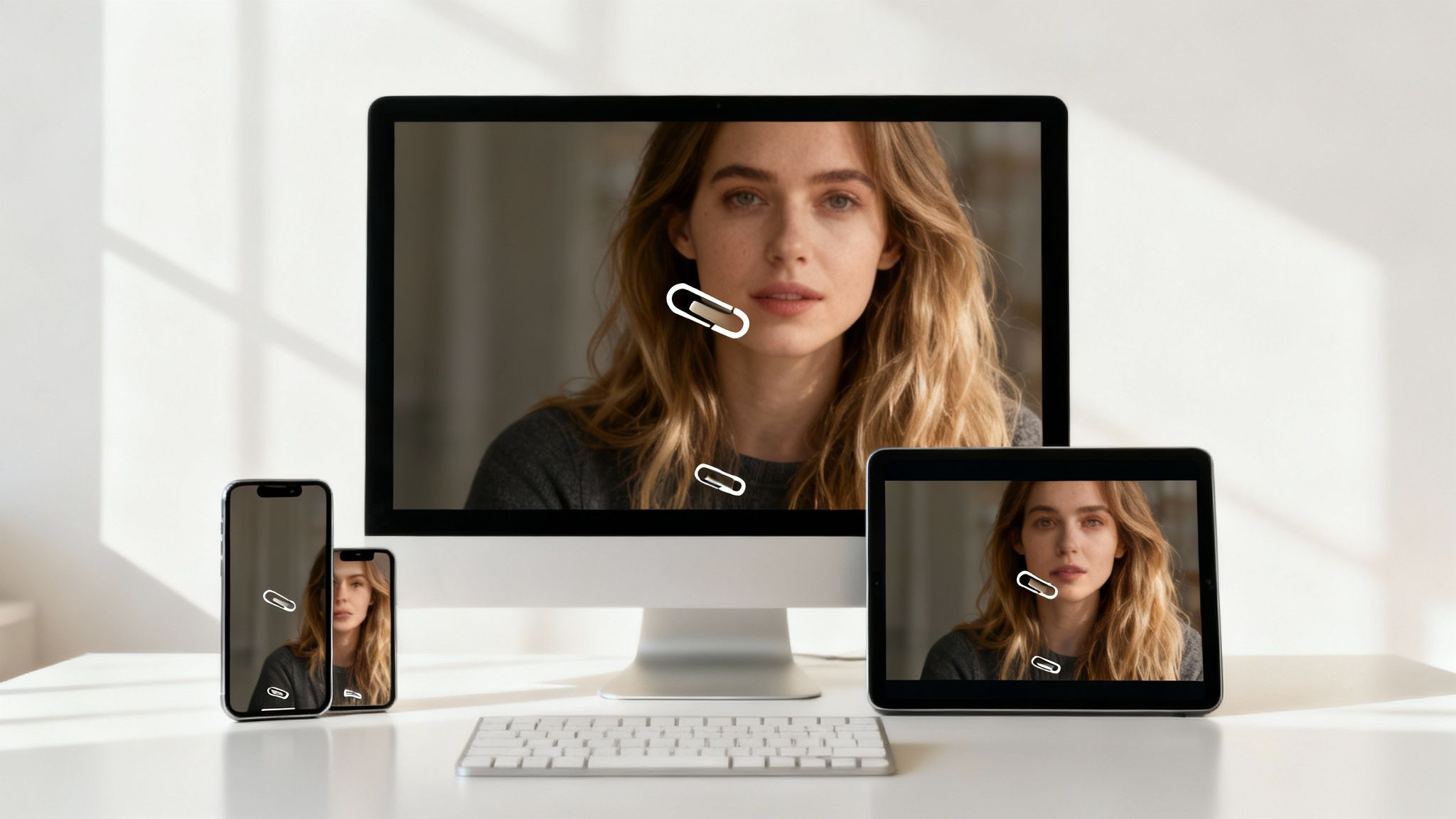 Woman displayed on multiple devices including desktop monitor, tablet, and smartphones showing responsive video content
