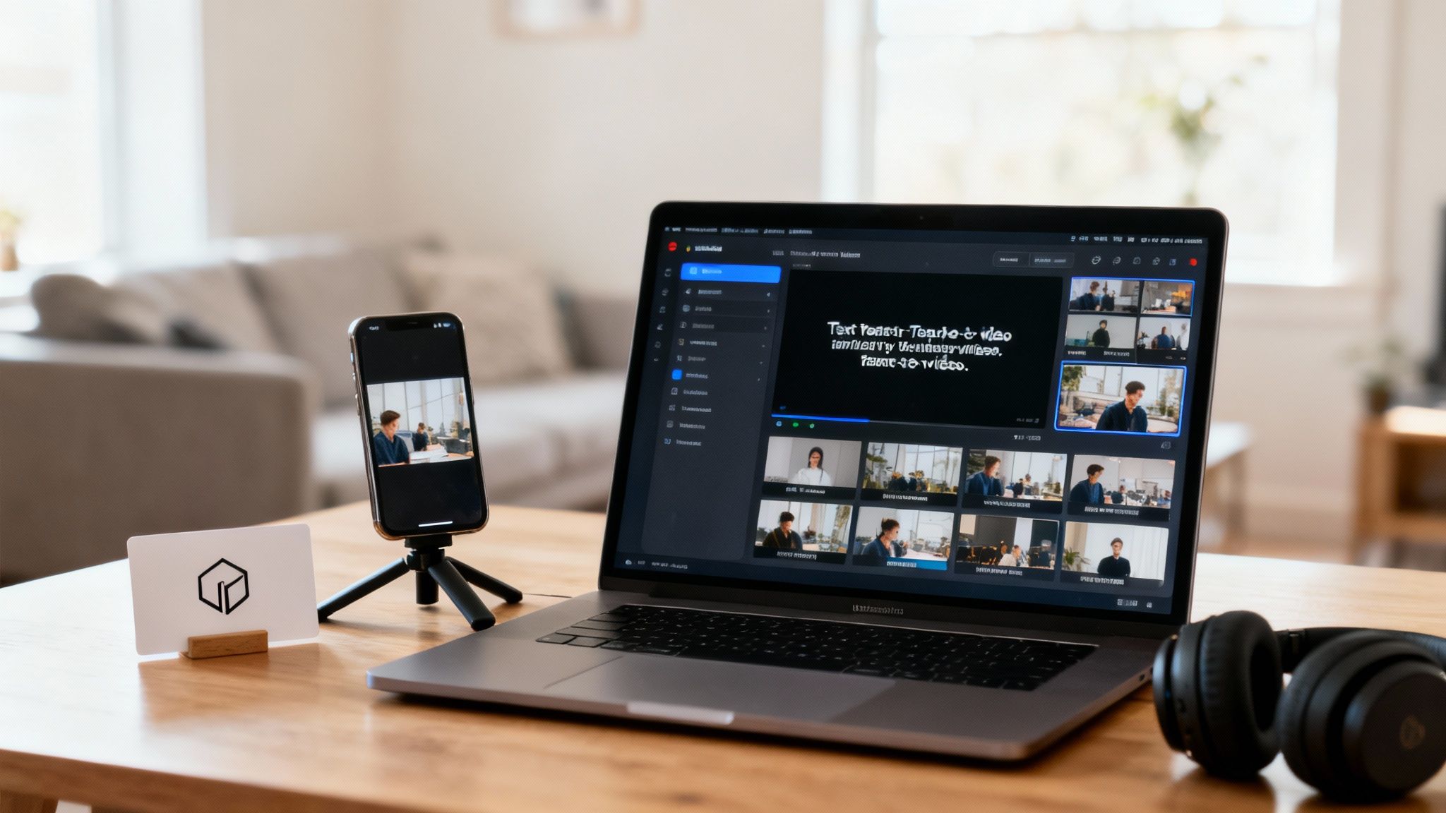 Video editing software displayed on laptop and smartphone for creating professional video advertisements
