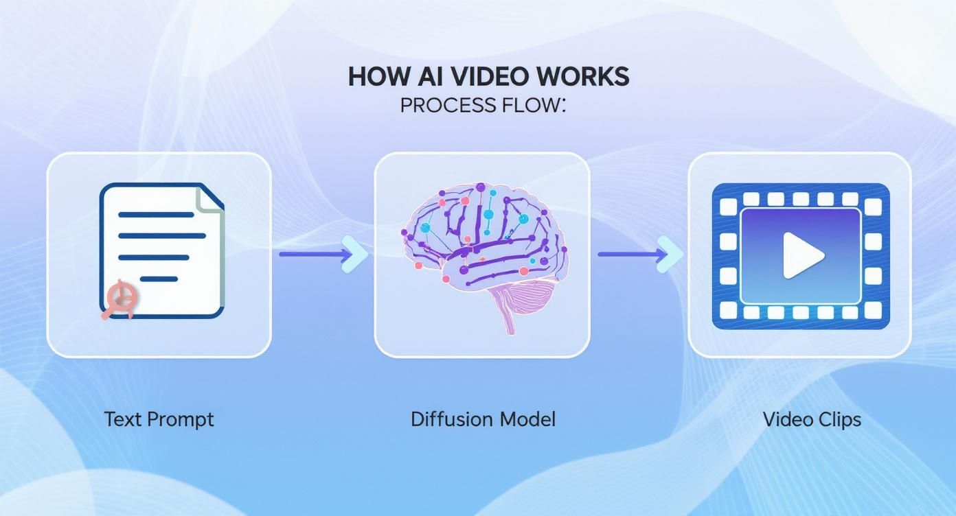 AI video generation process flow diagram showing text prompt, diffusion model brain, and video output