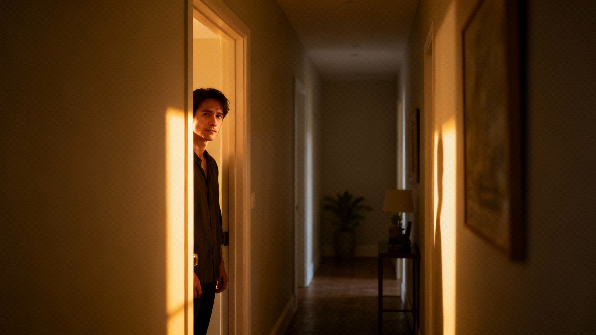 A man with a serious expression stands in a doorway, illuminated by warm, golden light.