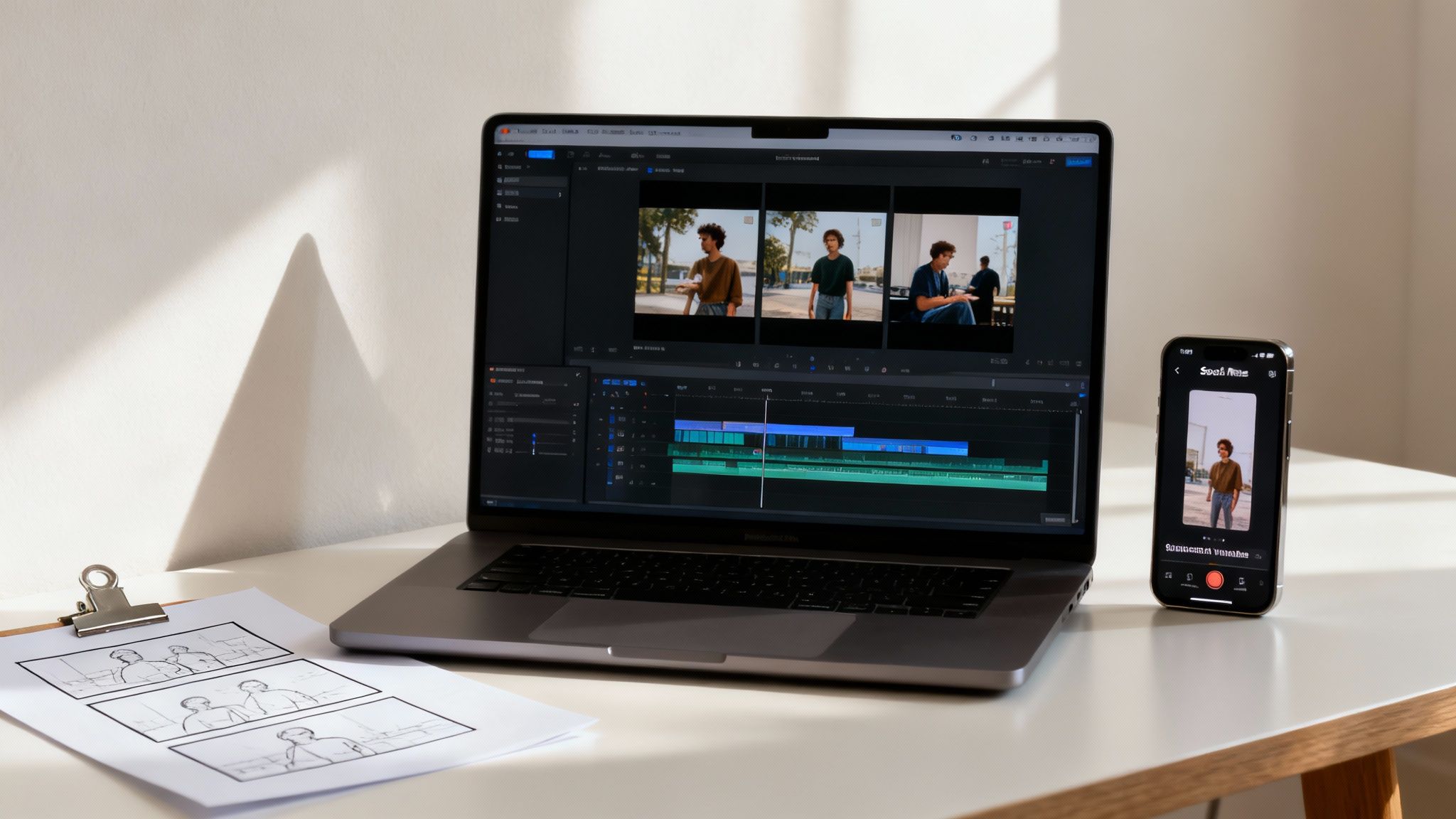 Video editing workspace with laptop showing timeline interface and smartphone displaying recorded footage