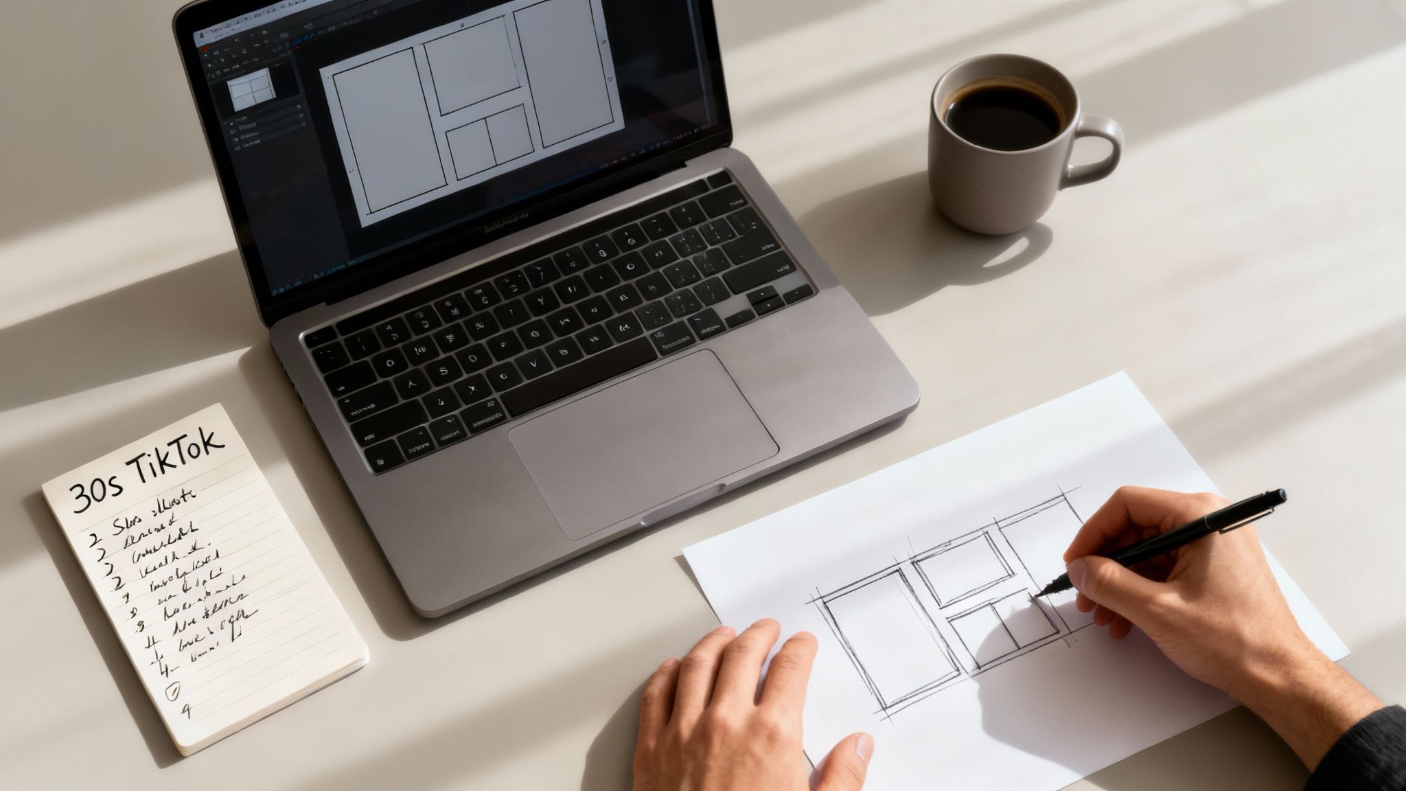 A person planning an AI video storyboard on a digital tablet with visual notes and sketches.