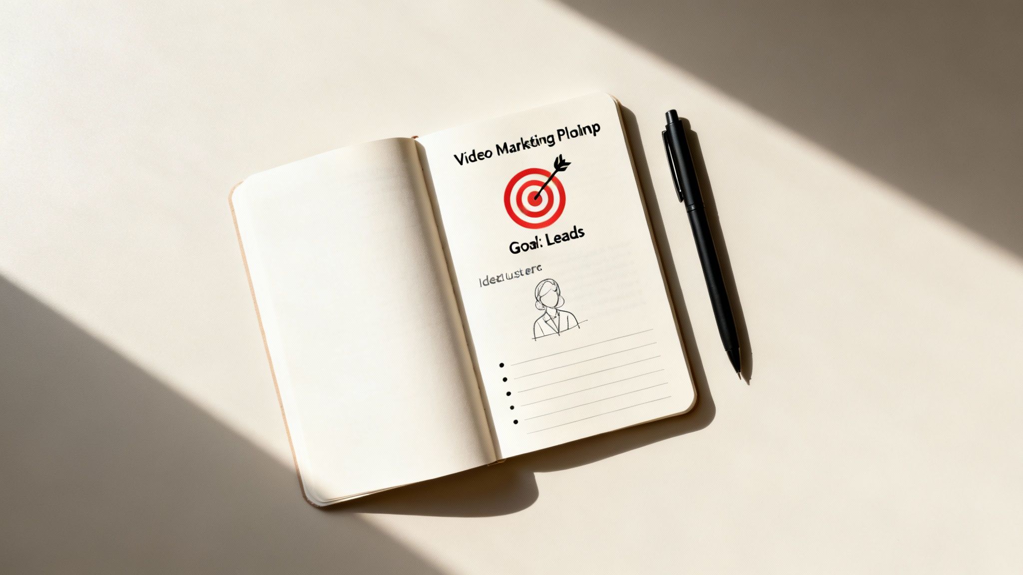 Open notebook displaying video marketing plan with target icon and goal for generating leads with pen
