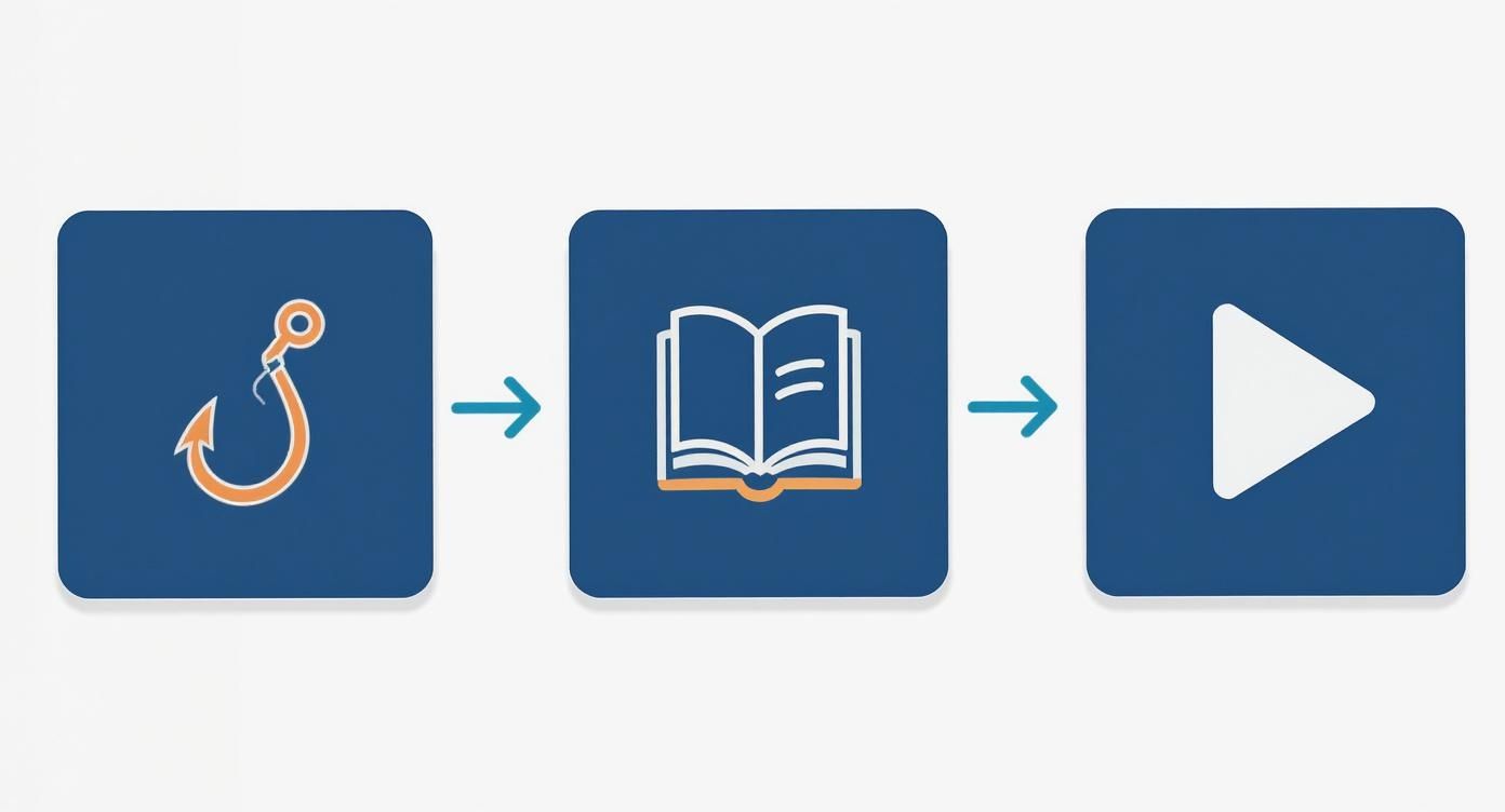 Three-step video marketing process showing hook, storytelling book, and play button with arrows connecting them