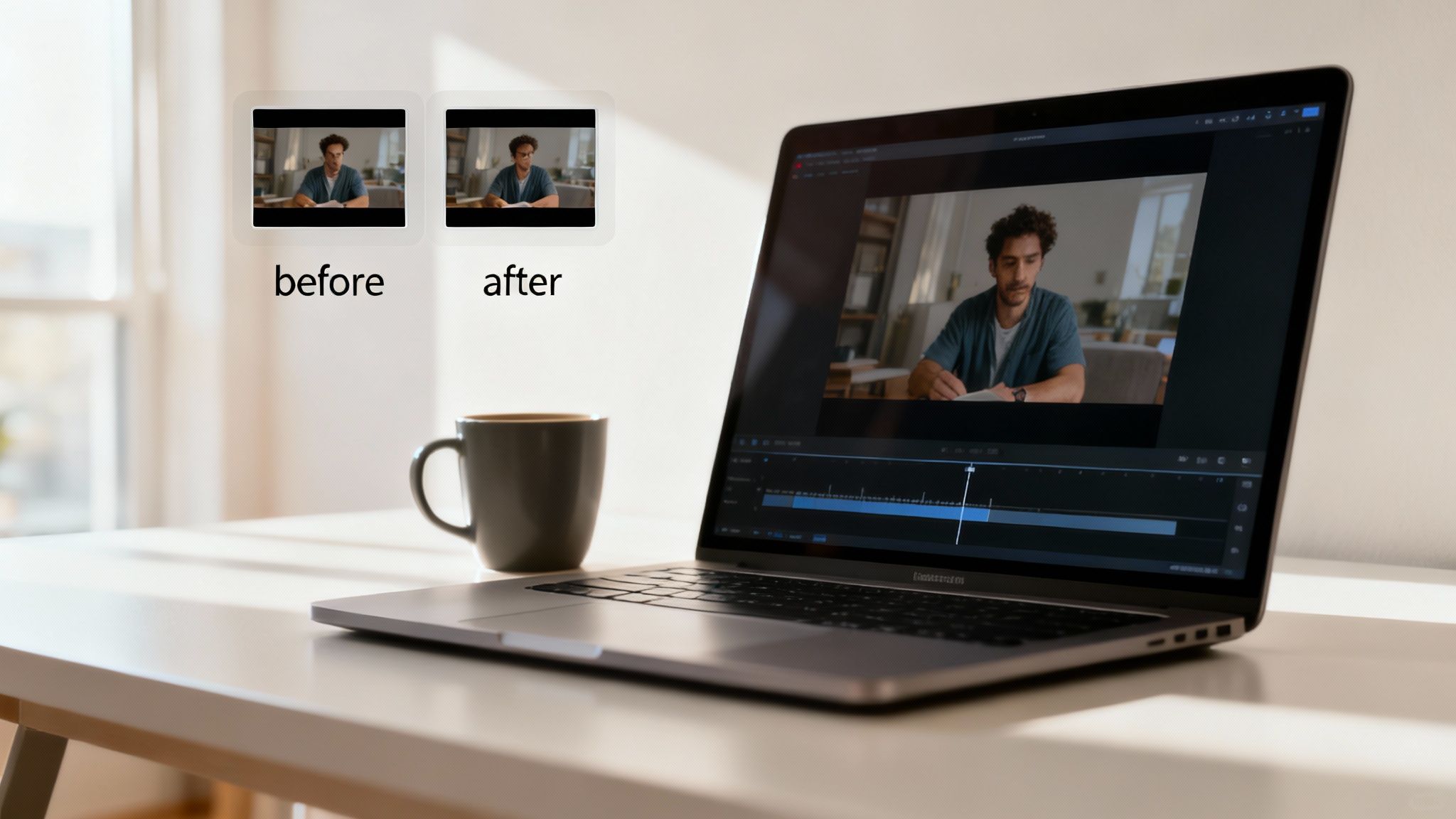 A person using a laptop with code and abstract shapes, symbolizing troubleshooting AI video generation.