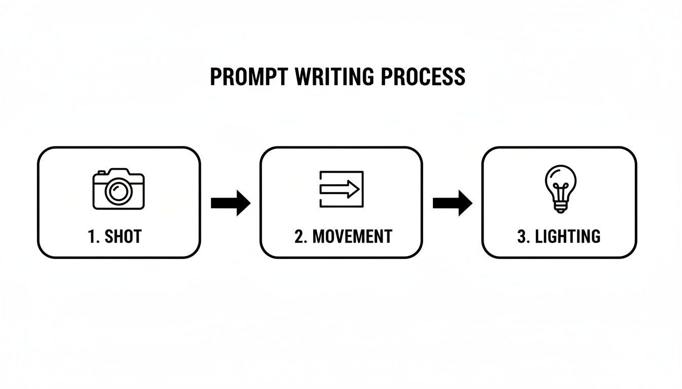 A flowchart showing the prompt writing process with three steps: 1. Shot, 2. Movement, and 3. Lighting.