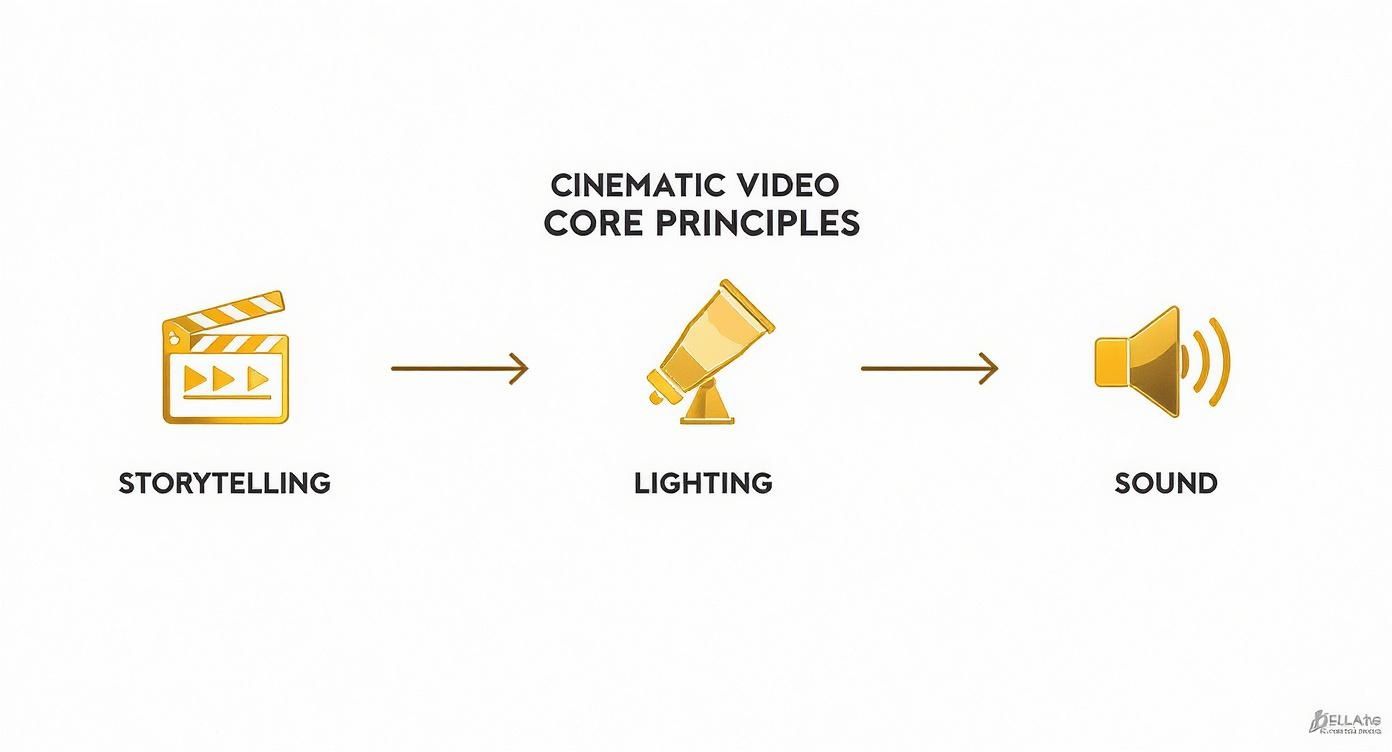 Diagram illustrating cinematic video core principles: storytelling, lighting, and sound, with icons.