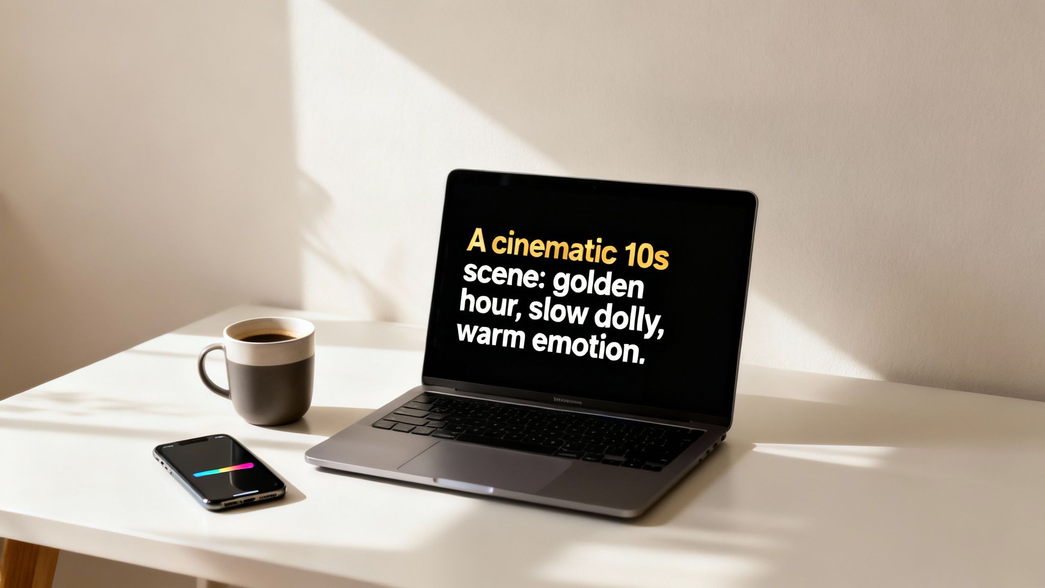 A laptop displaying cinematic scene text, a coffee cup, and a smartphone on a clean, sunlit desk.