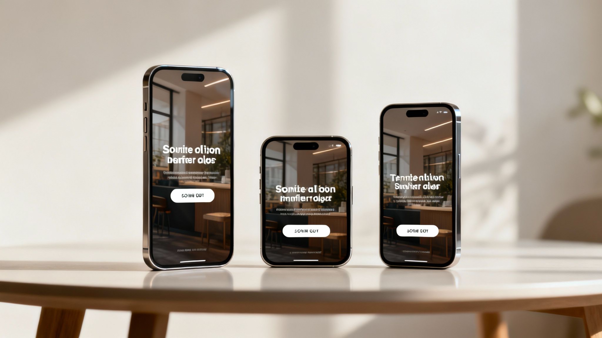 Three iPhones displaying mobile video advertisement with call-to-action button on wooden table
