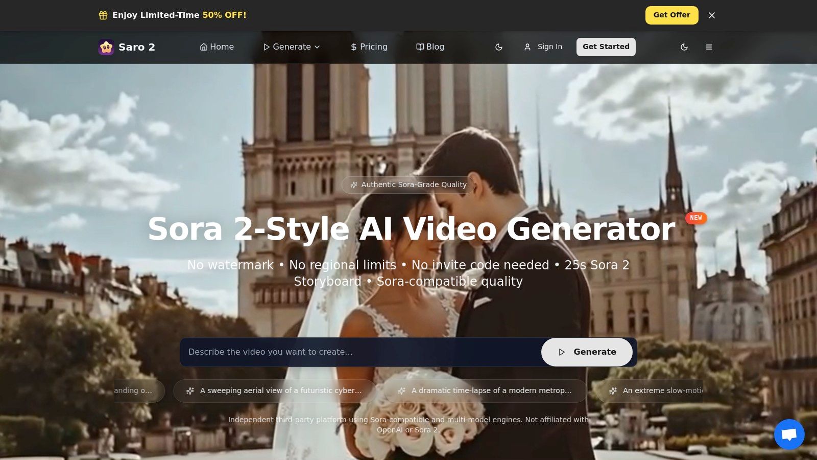 saro2 screenshot showing the platform's user interface for generating AI videos