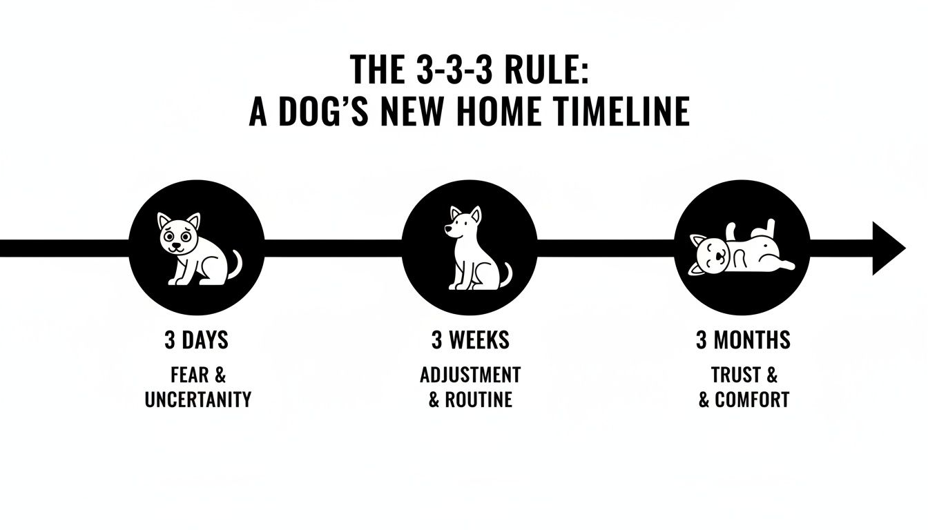 Infographic illustrating the 3-3-3 rule for a dog's new home timeline: fear, adjustment, and comfort phases.
