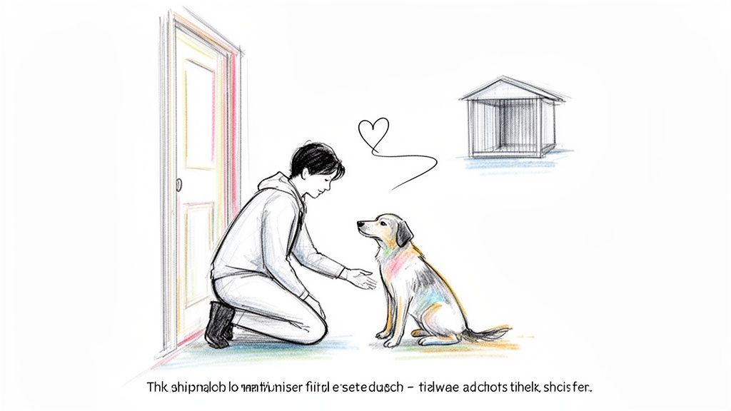 A person kneels, gently petting a dog, with a heart shape above them, and a dog crate in the background.